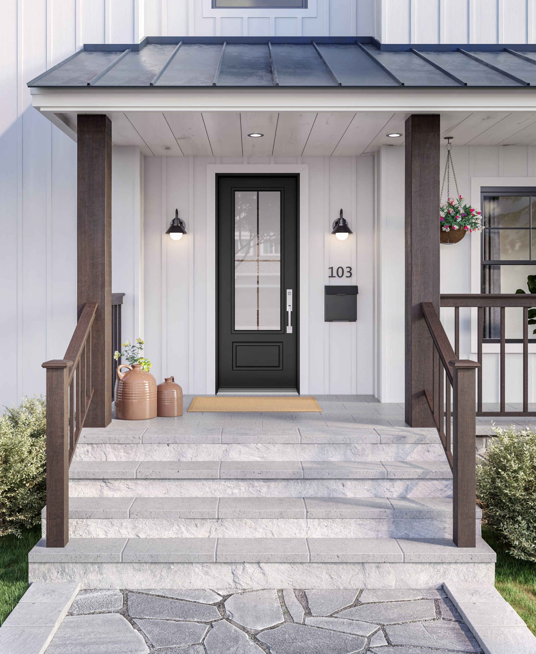 Porte extérieure d'entrée Balance noire sur une maison blanche.